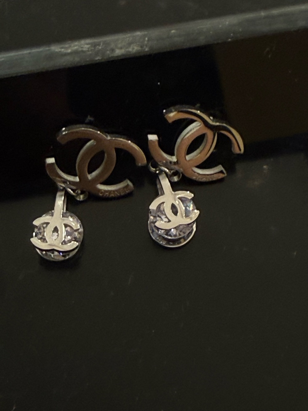 Silver Double CC Drop Earrings